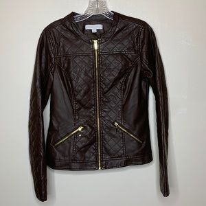 NEW YORK & COMPANY Vegan Leather Jacket Brown Quilted Panels Exposed Zipper XS